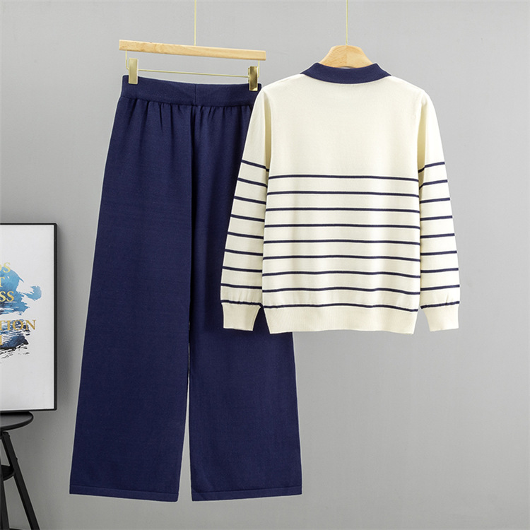 Fashion wide leg pants knitted sweater 2pcs set for women