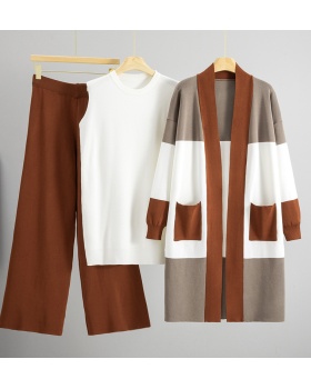 European style long cardigan autumn knitted vest 3pcs set
