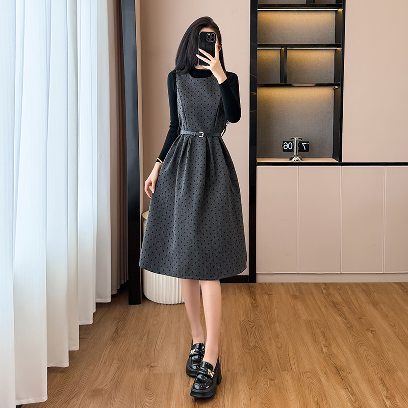 Autumn and winter vest polka dot dress 2pcs set
