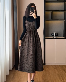Leopard sling sweater A-line temperament dress 2pcs set