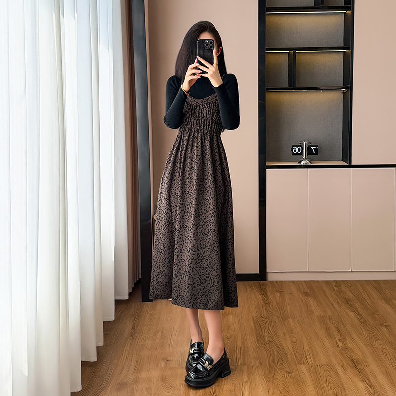 Leopard sling sweater A-line temperament dress 2pcs set