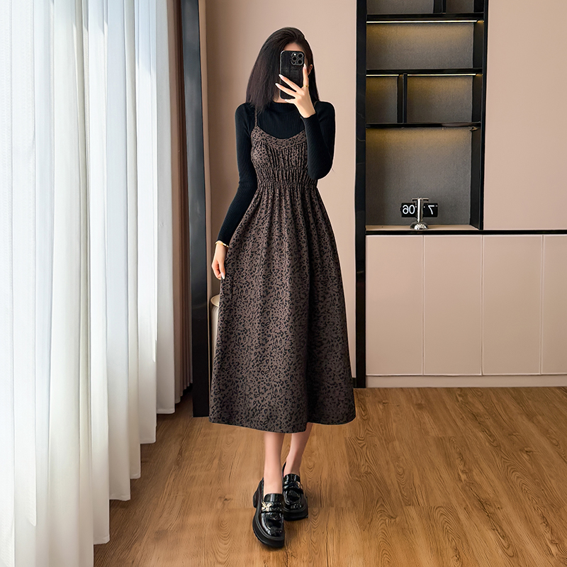 Leopard sling sweater A-line temperament dress 2pcs set
