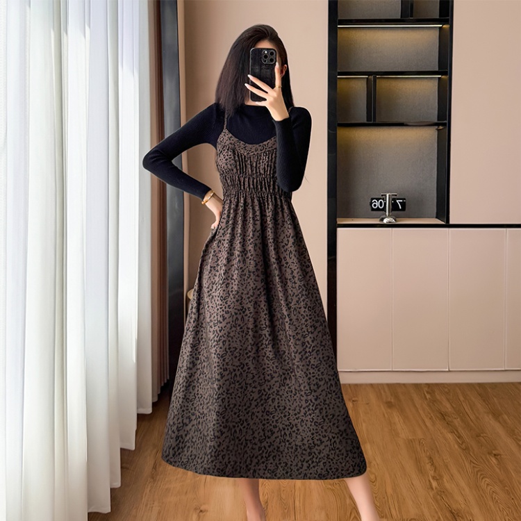 Leopard sling sweater A-line temperament dress 2pcs set