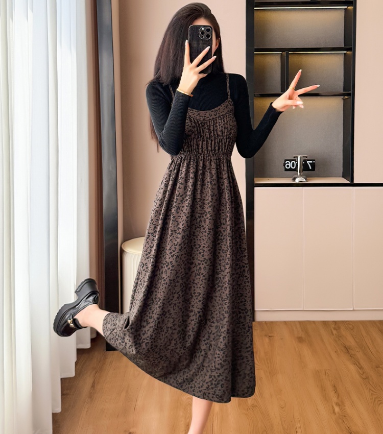 Leopard sling sweater A-line temperament dress 2pcs set