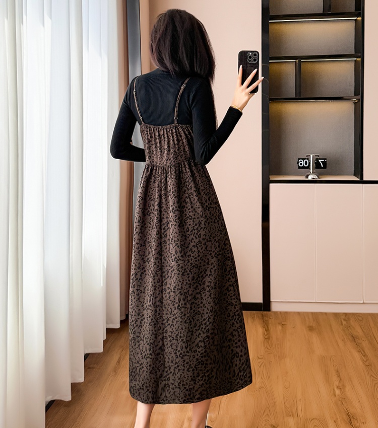 Leopard sling sweater A-line temperament dress 2pcs set