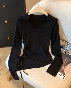 Lapel drawstring T-shirt slim sweater for women