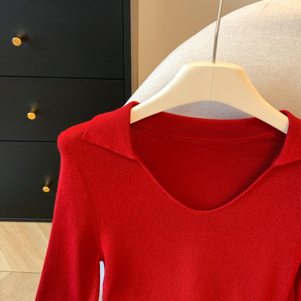 Lapel drawstring T-shirt slim sweater for women