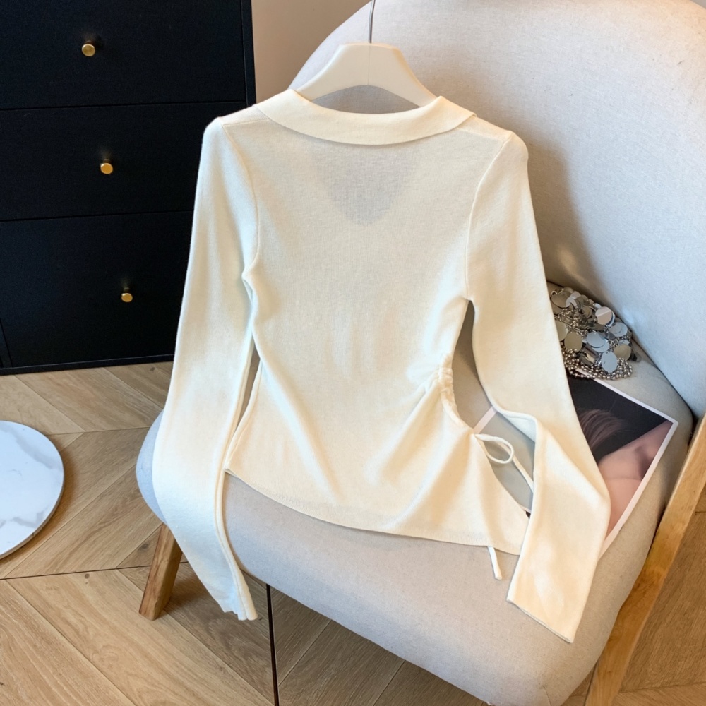 Lapel drawstring T-shirt slim sweater for women
