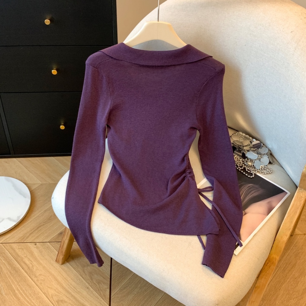 Lapel drawstring T-shirt slim sweater for women