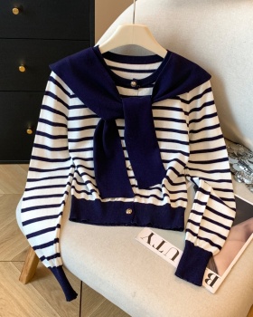 Long sleeve knitted shawl thin navy collar cardigan