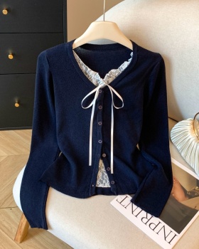 Unique Pseudo-two knitted slim enticement split bow tops