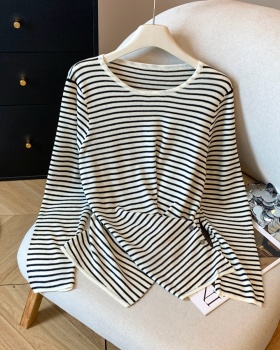 All-match fashion pinched waist tops stripe slim sweater