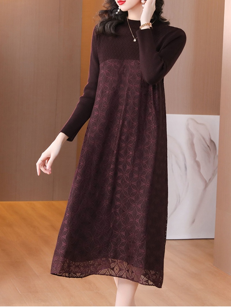Lace bottoming dress loose Pseudo-two sweater dress
