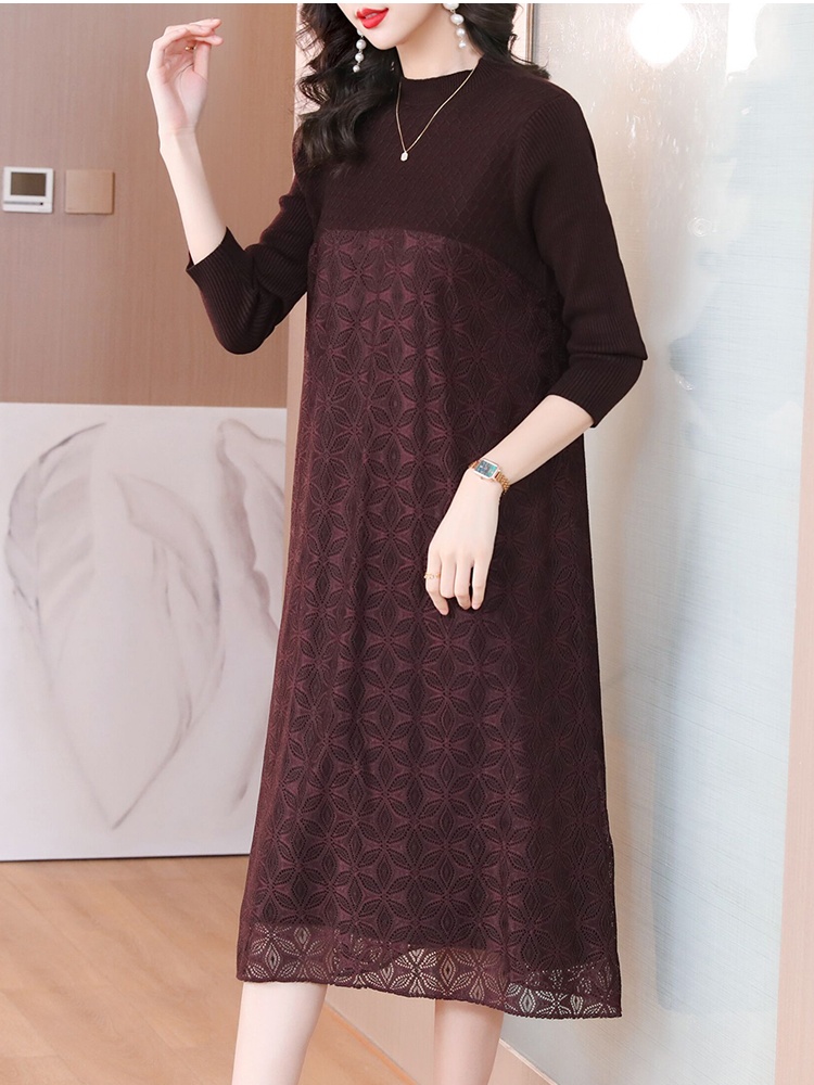 Lace bottoming dress loose Pseudo-two sweater dress