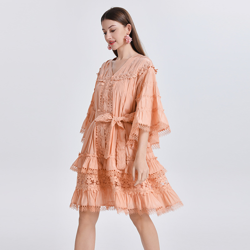 Ladies V-neck France style trumpet sleeves slim dress