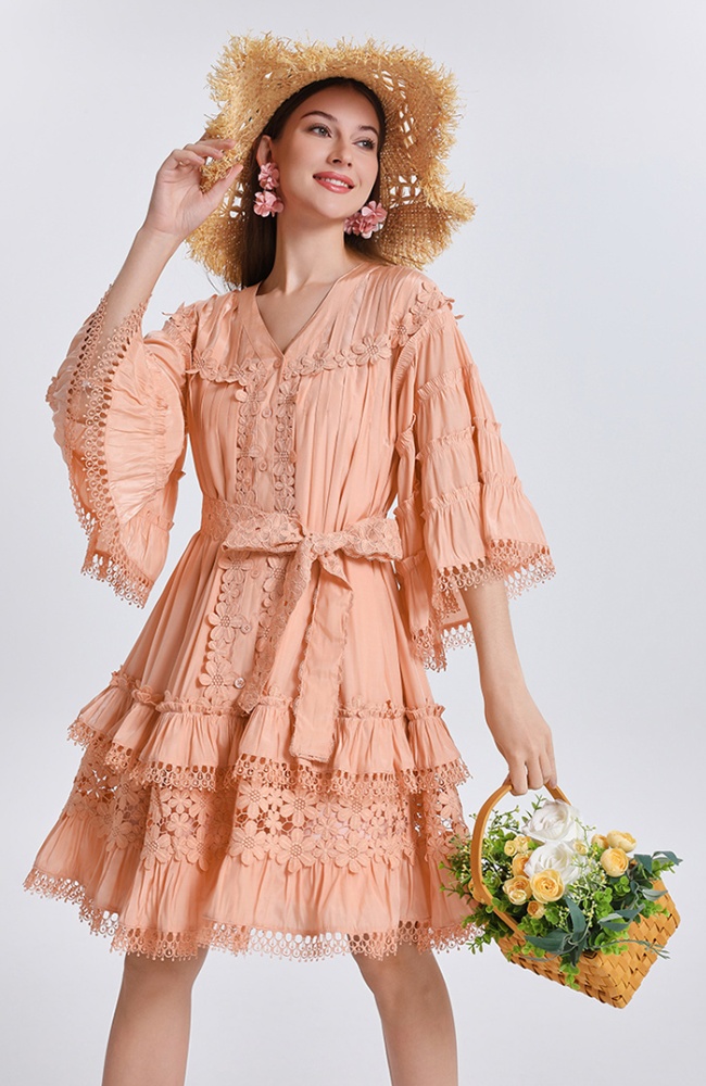 Ladies V-neck France style trumpet sleeves slim dress