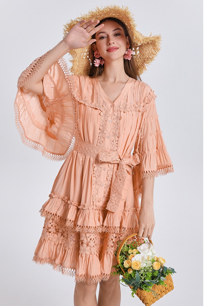 Ladies V-neck France style trumpet sleeves slim dress