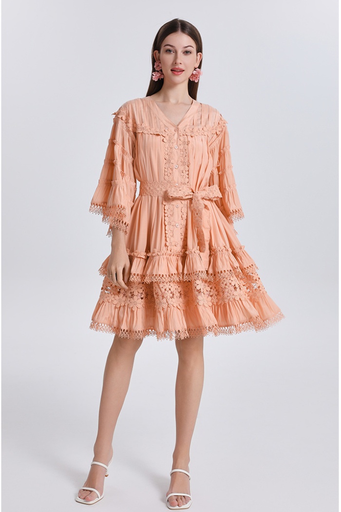 Ladies V-neck France style trumpet sleeves slim dress