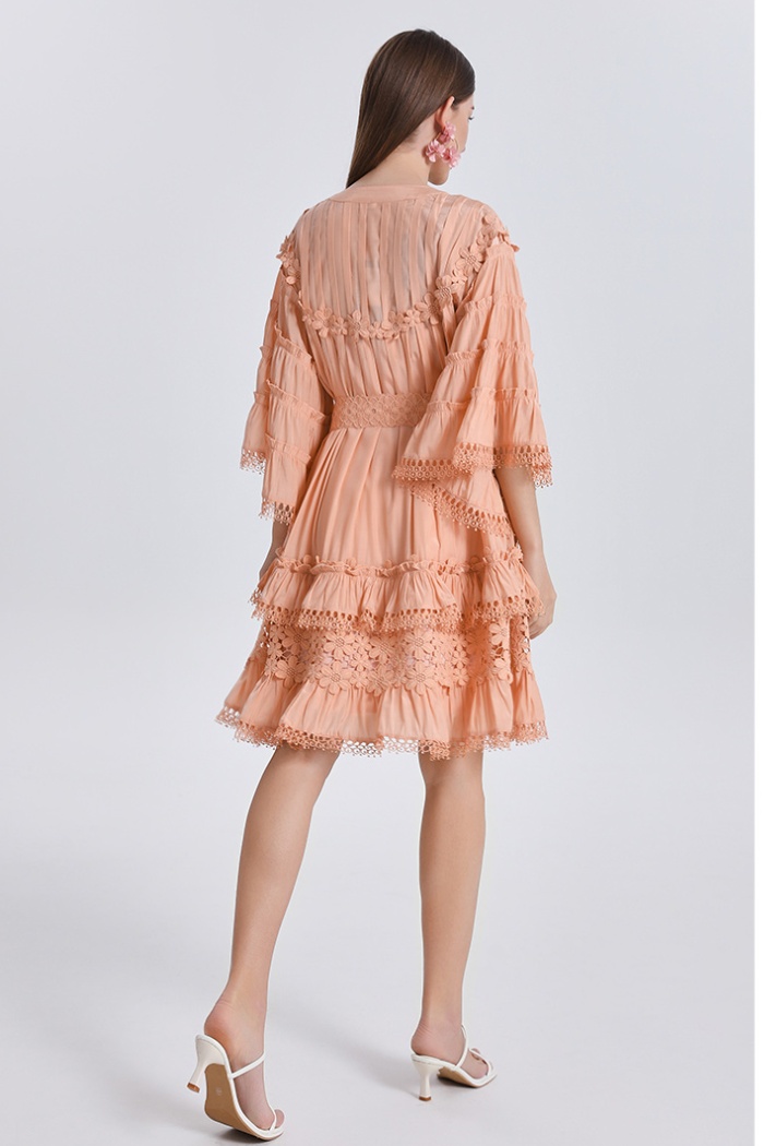 Ladies V-neck France style trumpet sleeves slim dress