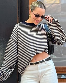 Mixed colors stripe tops fashion loose T-shirt for women