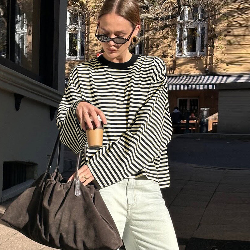 Mixed colors stripe tops fashion loose T-shirt for women