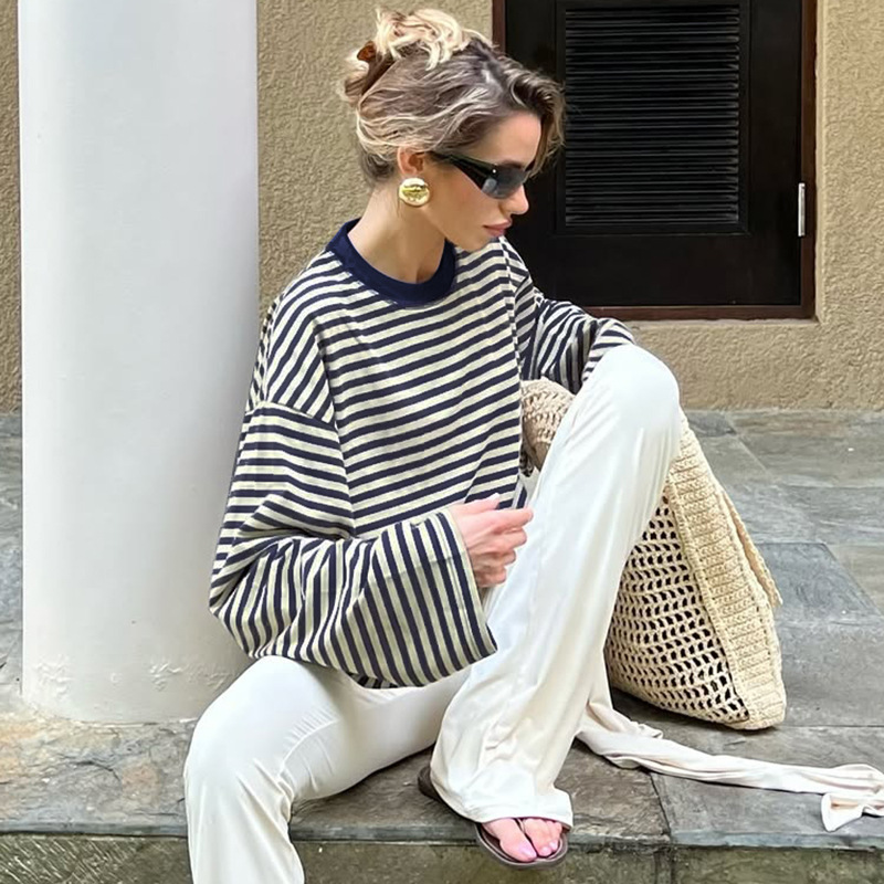 Mixed colors stripe tops fashion loose T-shirt for women