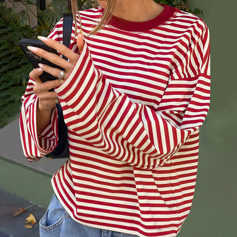 Mixed colors stripe tops fashion loose T-shirt for women