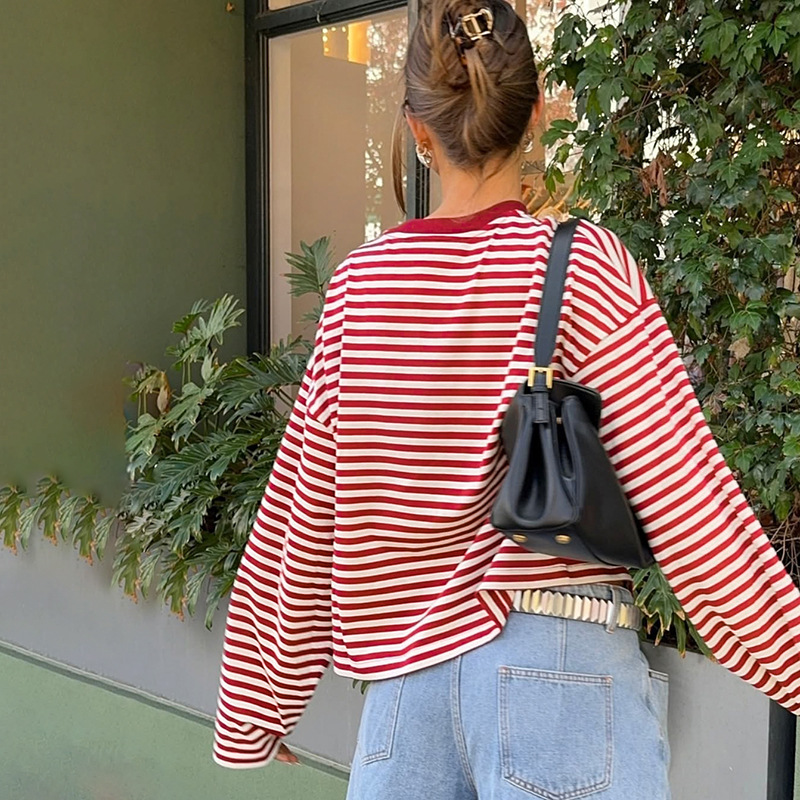 Mixed colors stripe tops fashion loose T-shirt for women