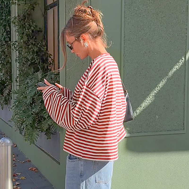 Mixed colors stripe tops fashion loose T-shirt for women