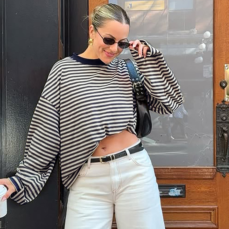 Mixed colors stripe tops fashion loose T-shirt for women