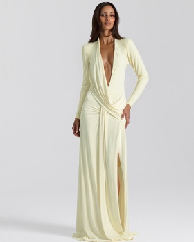 Long sleeve fashion V-neck high split sexy dress for women