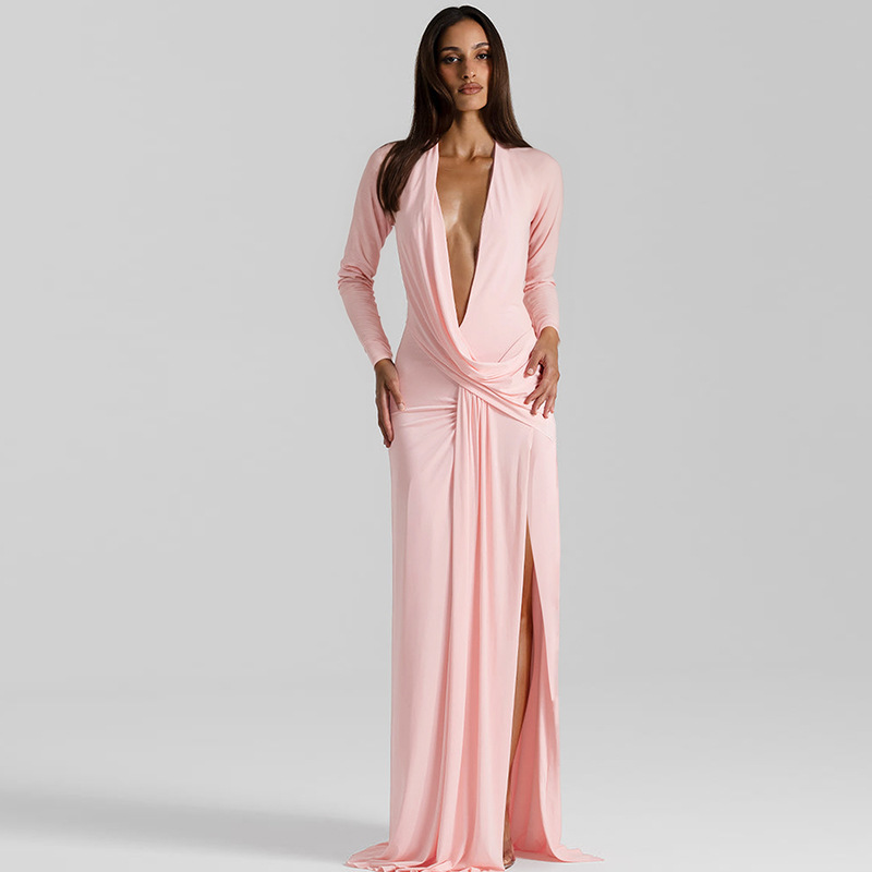 Long sleeve fashion V-neck high split sexy dress for women