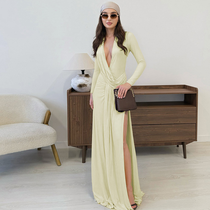 Long sleeve fashion V-neck high split sexy dress for women