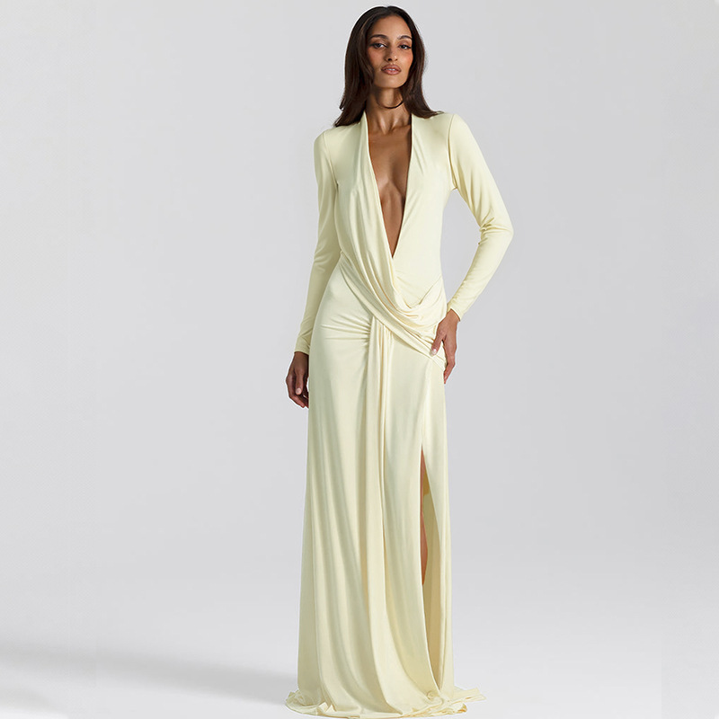 Long sleeve fashion V-neck high split sexy dress for women
