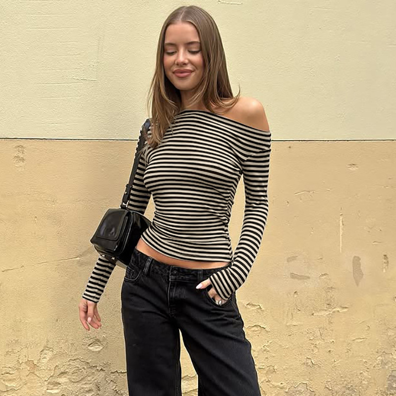 Long sleeve oblique collar tops stripe T-shirt