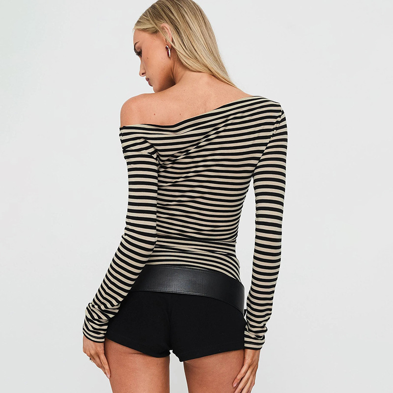 Long sleeve oblique collar tops stripe T-shirt