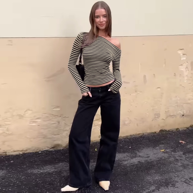 Long sleeve oblique collar tops stripe T-shirt