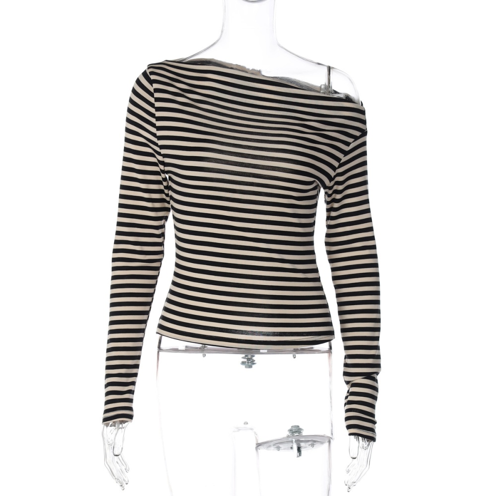 Long sleeve oblique collar tops stripe T-shirt