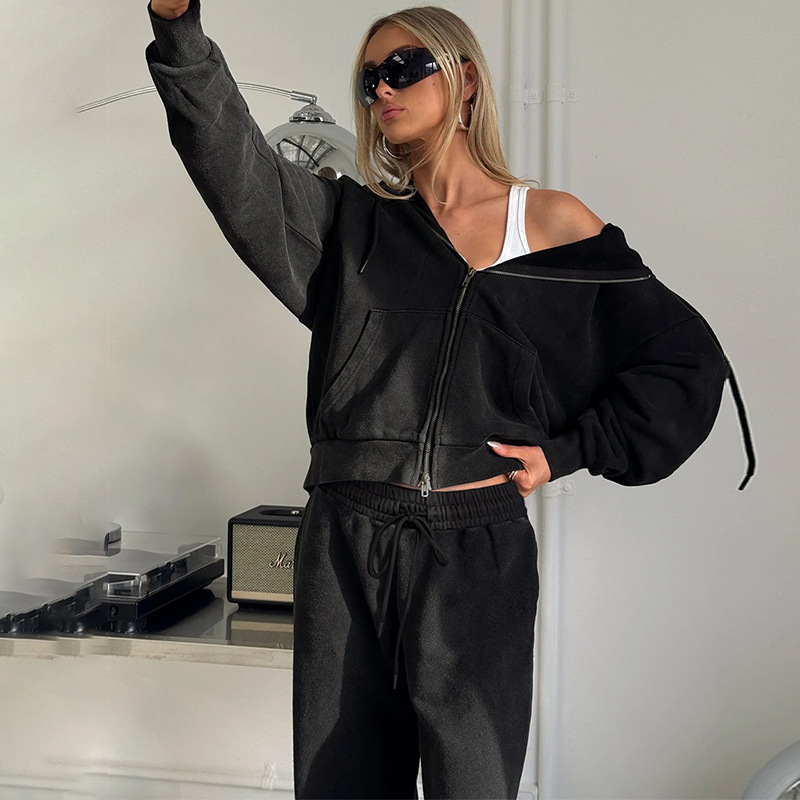 Drawstring casual pants hoodie a set for women