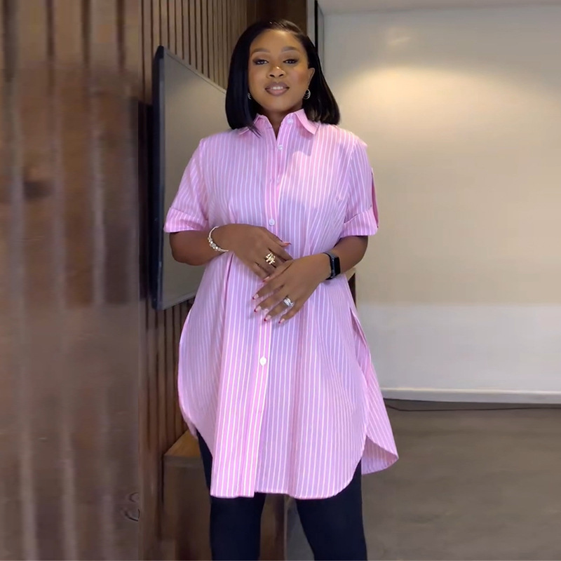 Long stripe autumn tops sweet single-breasted shirt