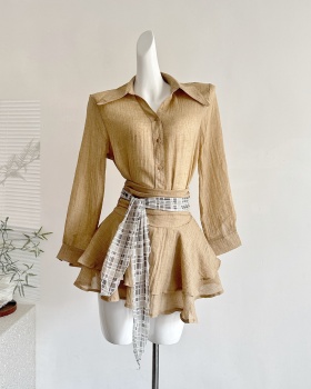Long sleeve high waist skirt slim shirt a set