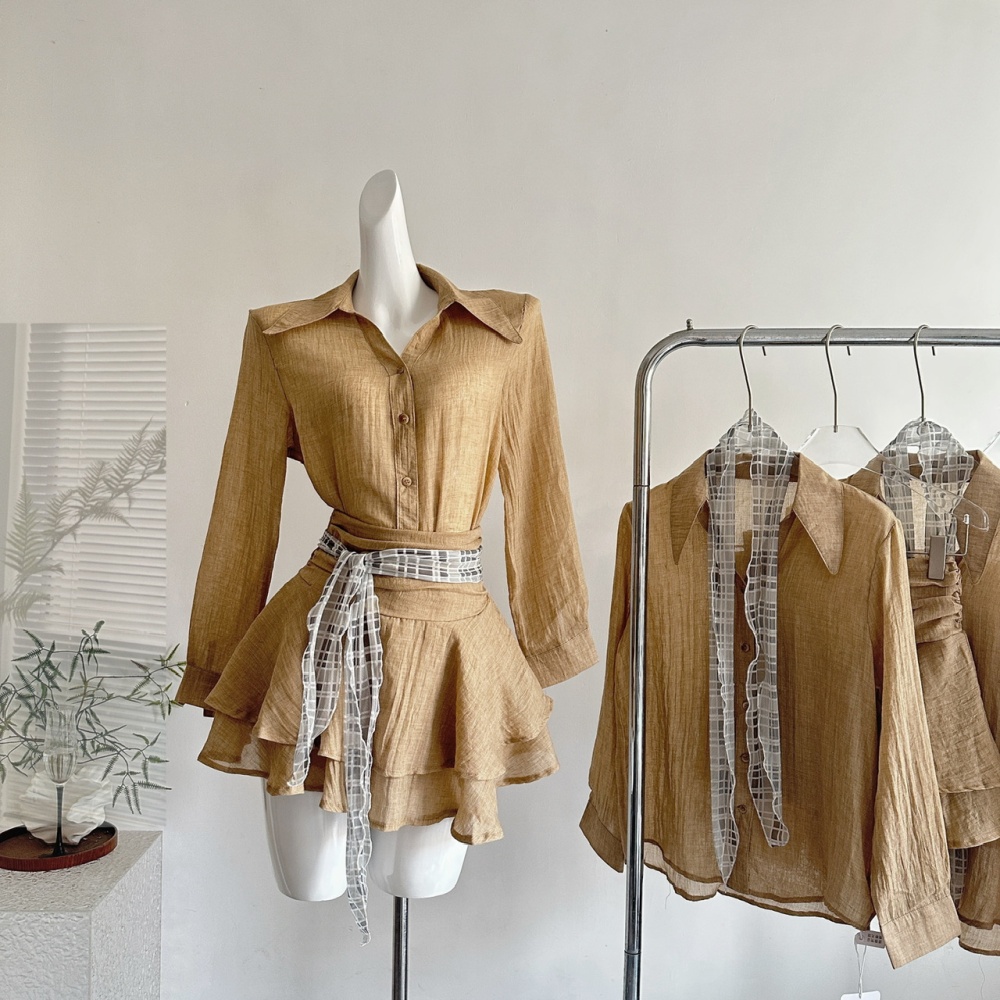 Long sleeve high waist skirt slim shirt a set