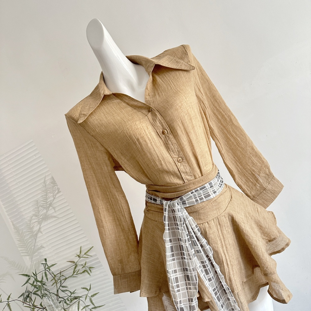 Long sleeve high waist skirt slim shirt a set