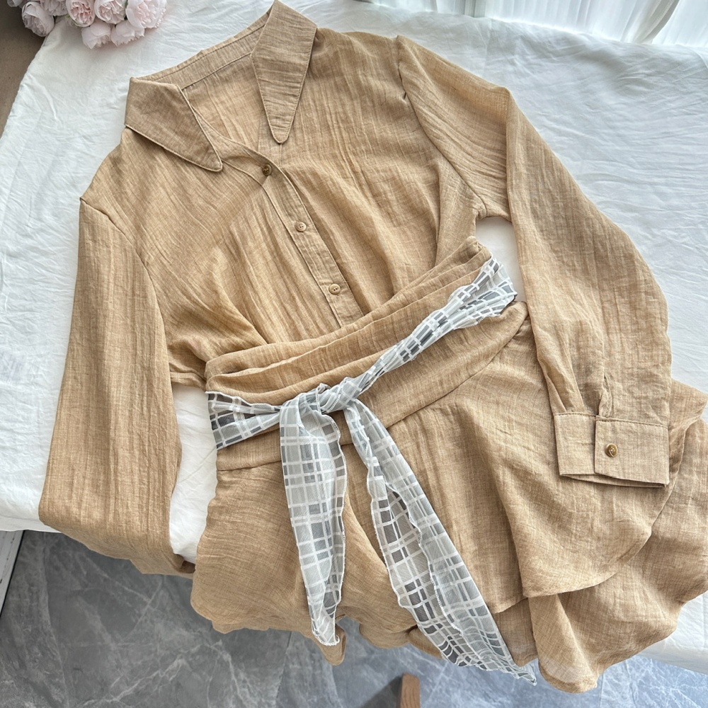 Long sleeve high waist skirt slim shirt a set
