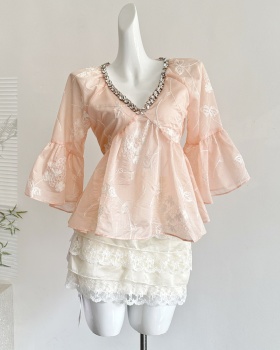 Lace V-neck short skirt romantic tops 2pcs set