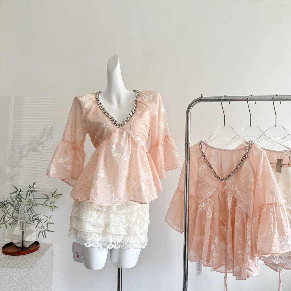 Lace V-neck short skirt romantic tops 2pcs set