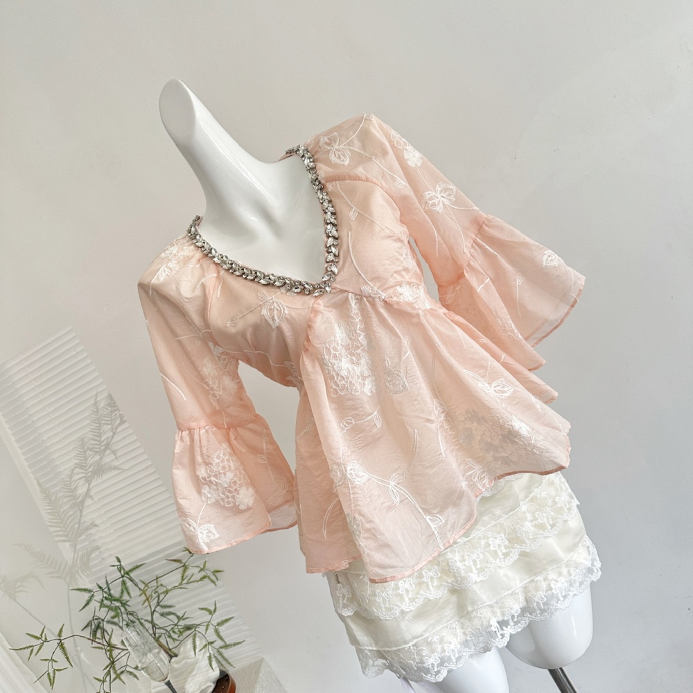 Lace V-neck short skirt romantic tops 2pcs set