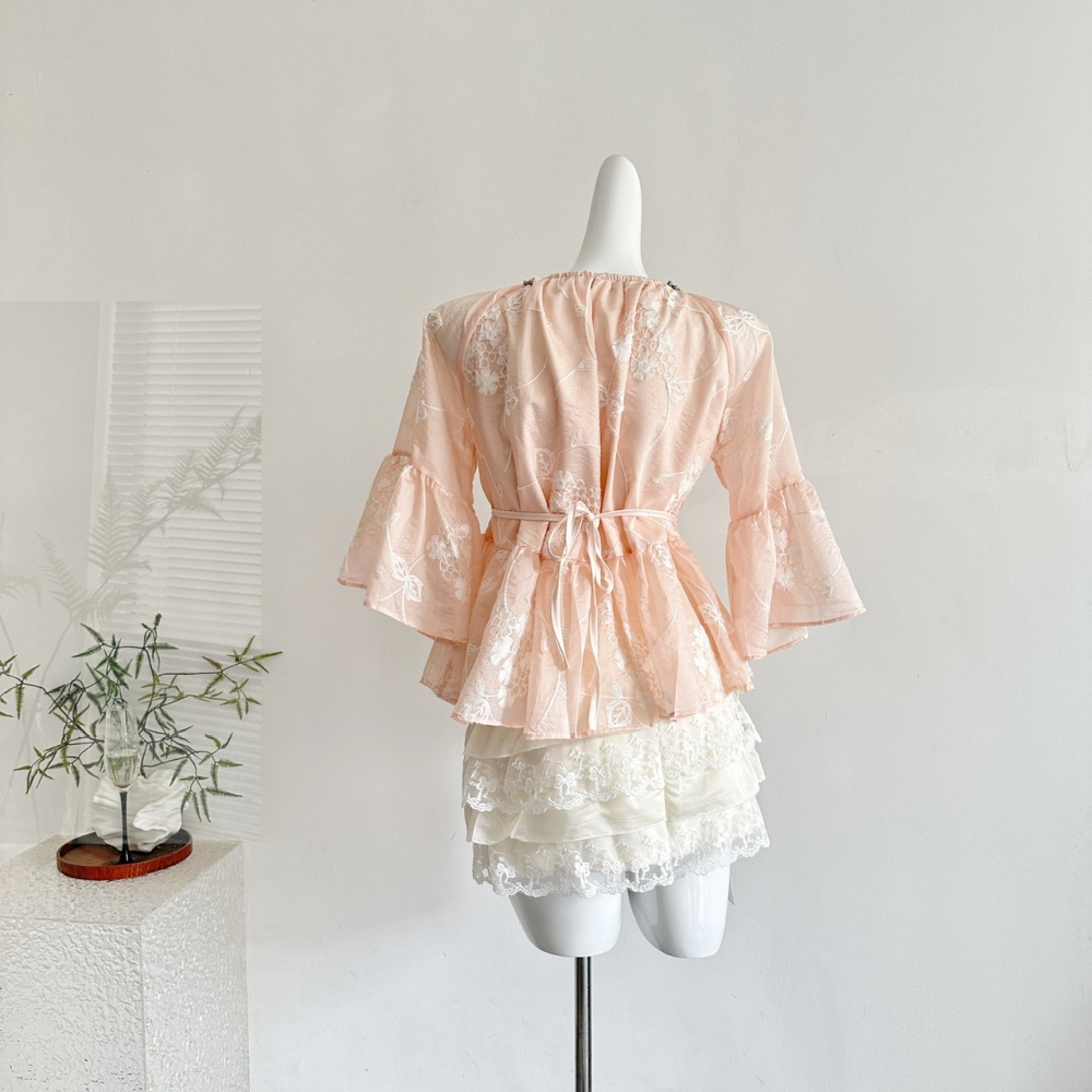Lace V-neck short skirt romantic tops 2pcs set