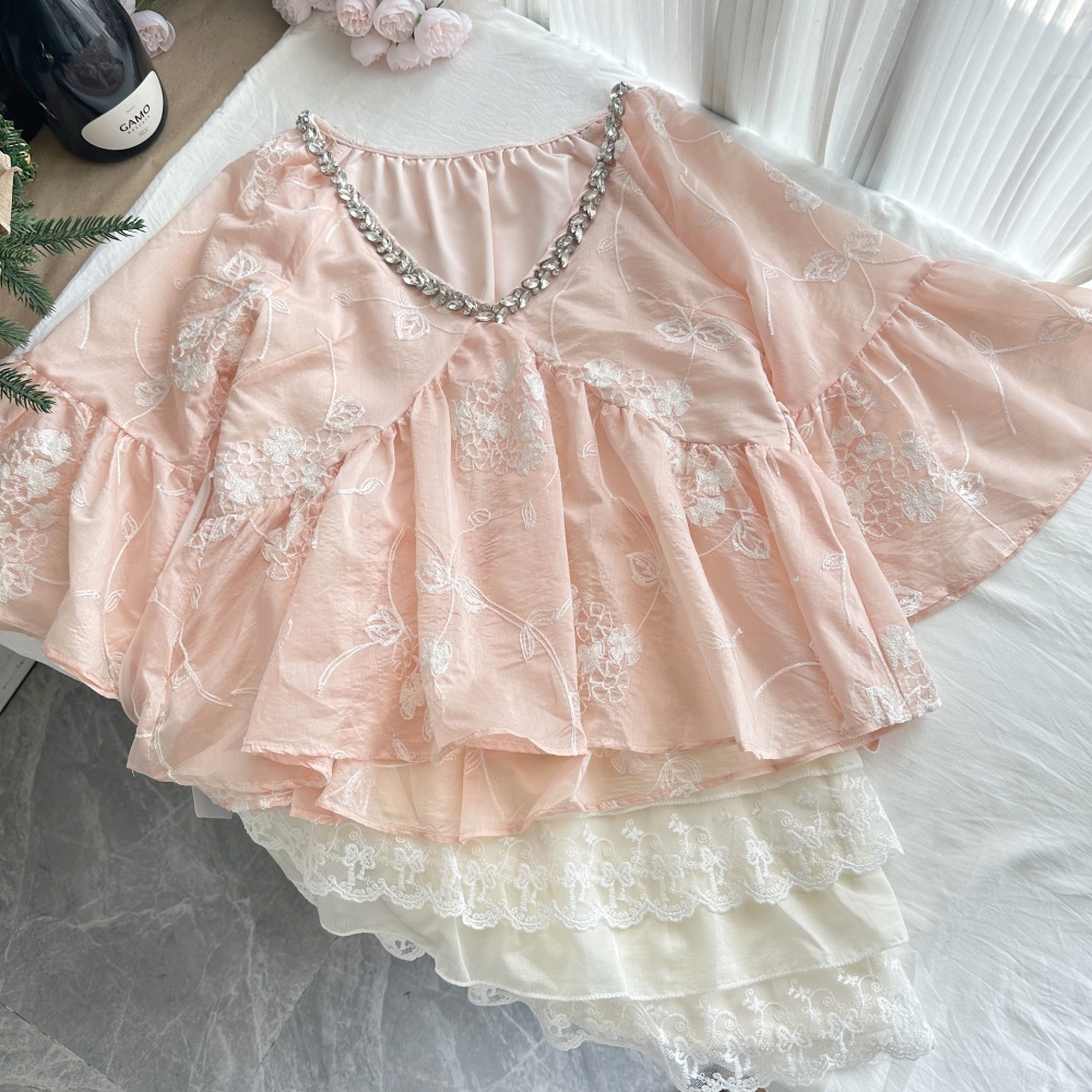 Lace V-neck short skirt romantic tops 2pcs set