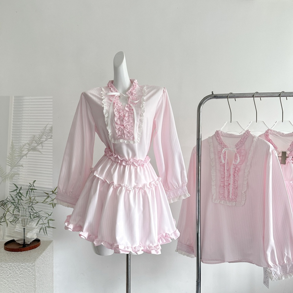 Wood ear short skirt long sleeve shirt a set for women